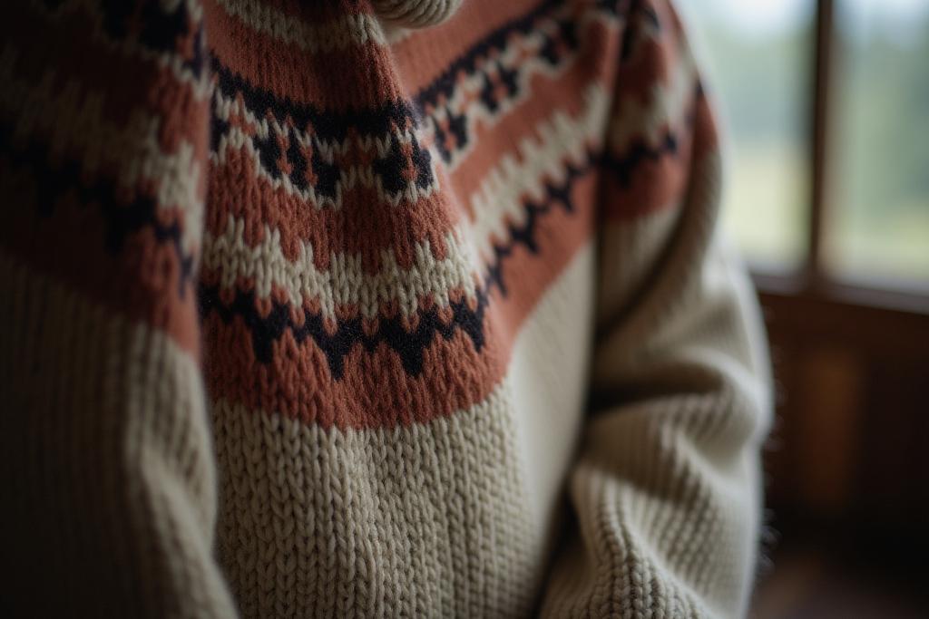 Norsk strikkeplagg med intrikate mønstre, fotografert i et naturlig lys.